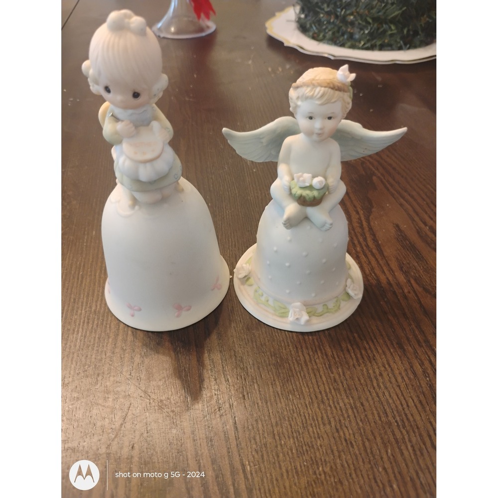 Precious Moments Bell Set Mother Sew Dear E-7181 & Angel Figurine Vintage Enesco